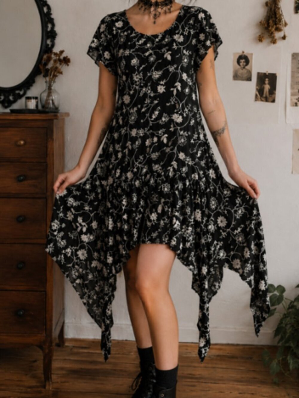 Womens Asymmetrical Whimsigoth Fairy Grunge Floral Flutter Sleeve Size XS Dress